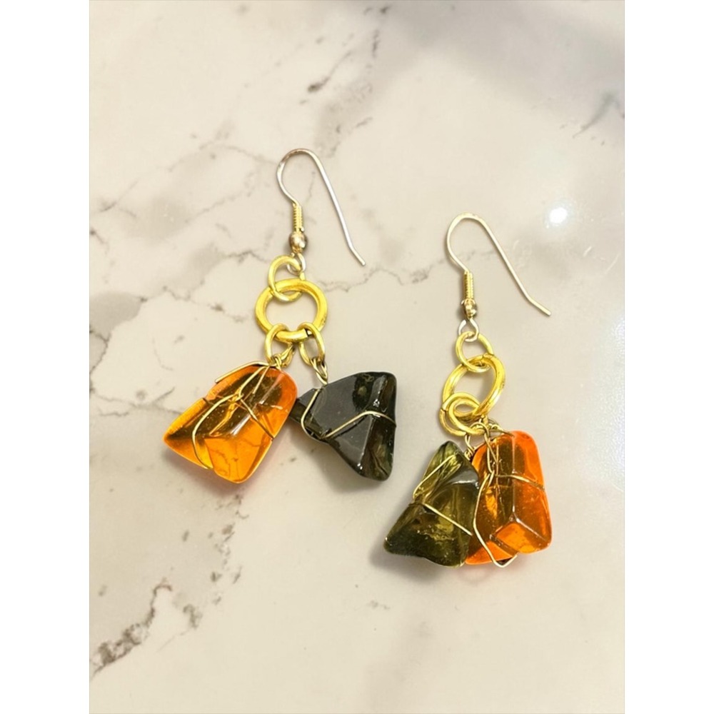 Drop Earrings Orange Green Gold Tone Wire Wrapped Boho Dangle